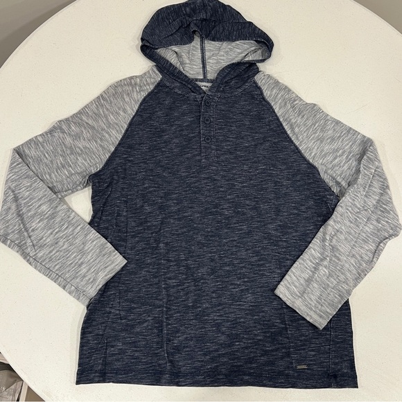 Express Henley Hoodie Long Sleeve Shirt Mens Large Gray Heather Blue Hooded - Picture 1 of 6